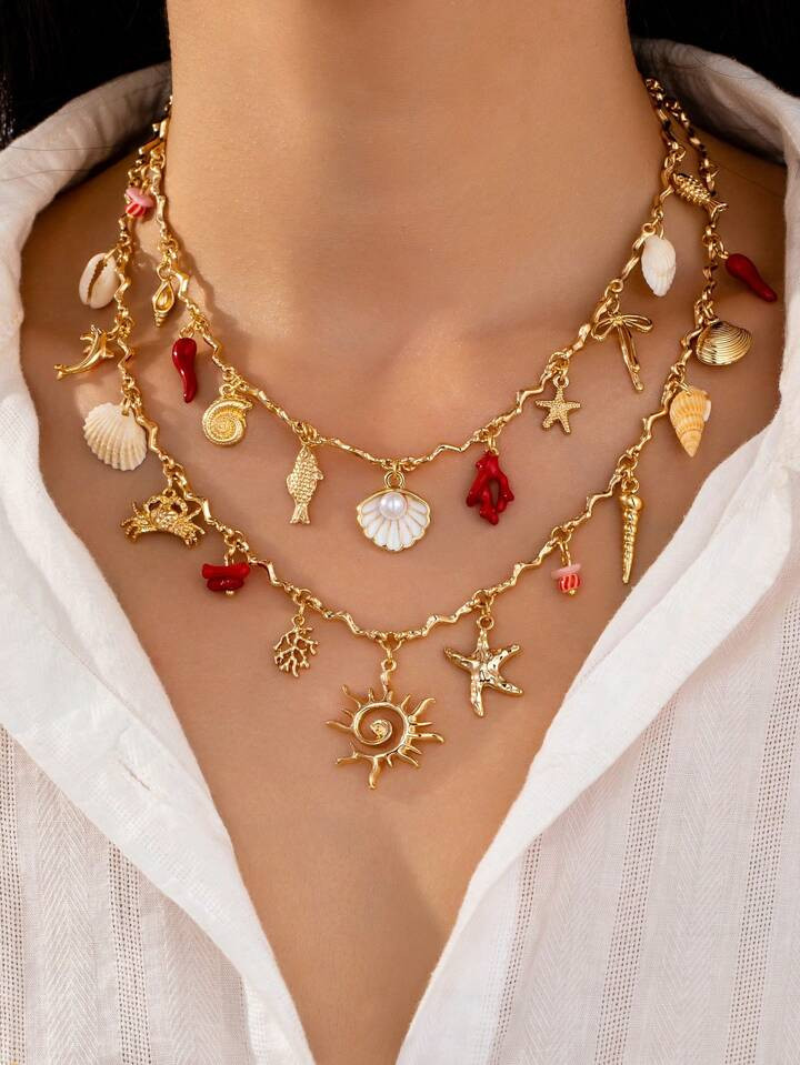 2 Pcs Summer Ocean Style Shell Coral Starfish Charm Necklaces Set , Women Beachy Style Necklace Jewelry , Starfishes Pendant , Seashell Necklaces Suitable For Vocation , Daily Wear | SHEIN
