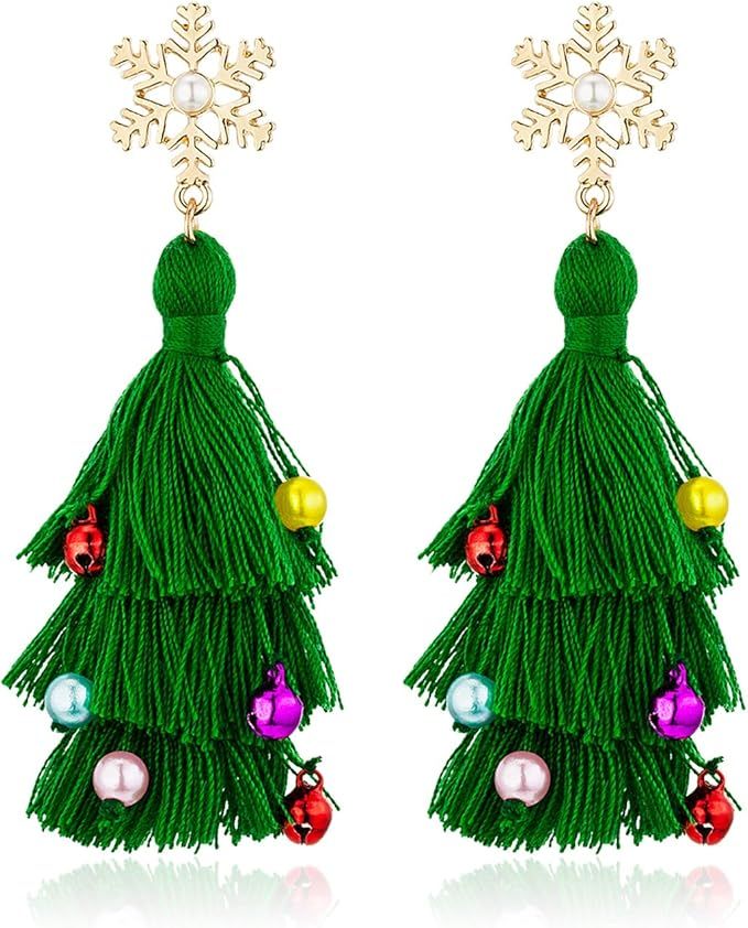 Lightweight Christmas Tree Tassel Beaded Earrings, Bohemian Dangle Drop Green Earrings, Twined wi... | Amazon (US)