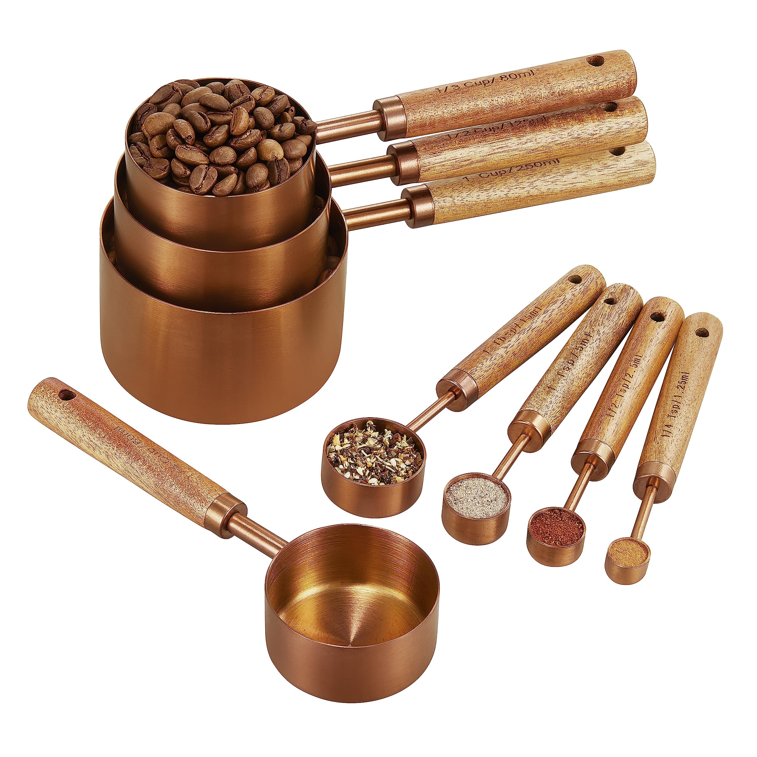 Copper Stainless Steel Measuring Cups and Spoons Set of 8, Wooden Handle with US Measurements, Me... | Amazon (US)
