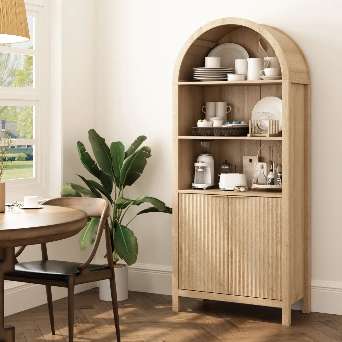 71''H Arched Cabinet 5-Tier Bookcase with Fluted Door and Adjustable Shelves | Wayfair North America