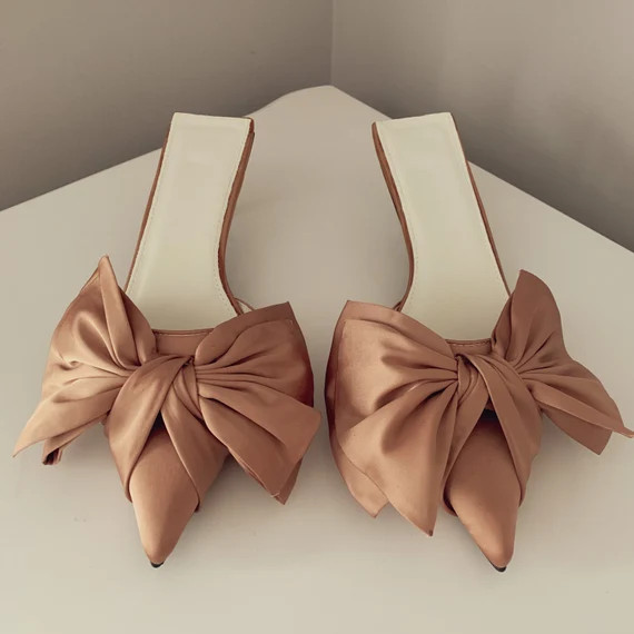 Nude Satin Bow Mules Beige Kitten Heel Wedding Shoes Low Heel Slip On | Etsy (US)