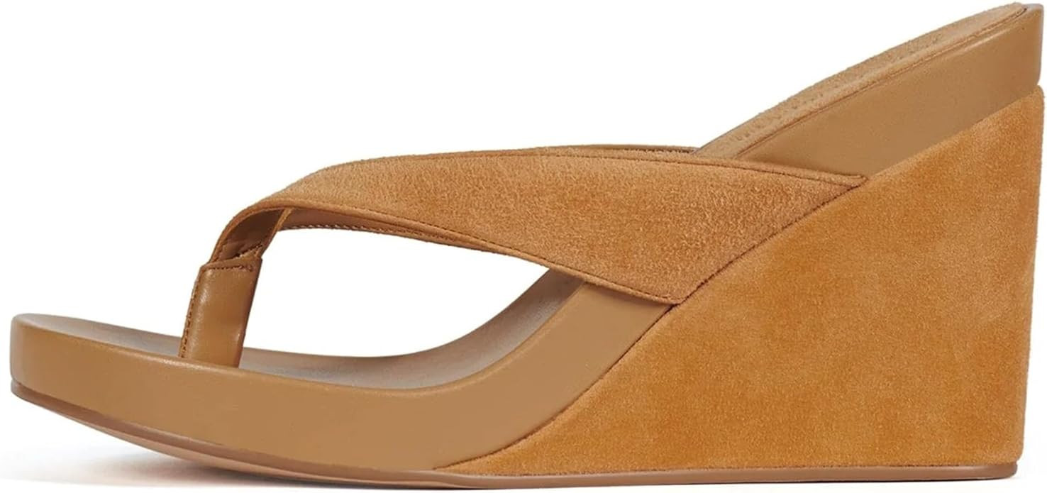 Wedge Sandals for Women Suede Arch Support Slip On Flip Flops Summer Open Round Toe Platform Thon... | Amazon (US)