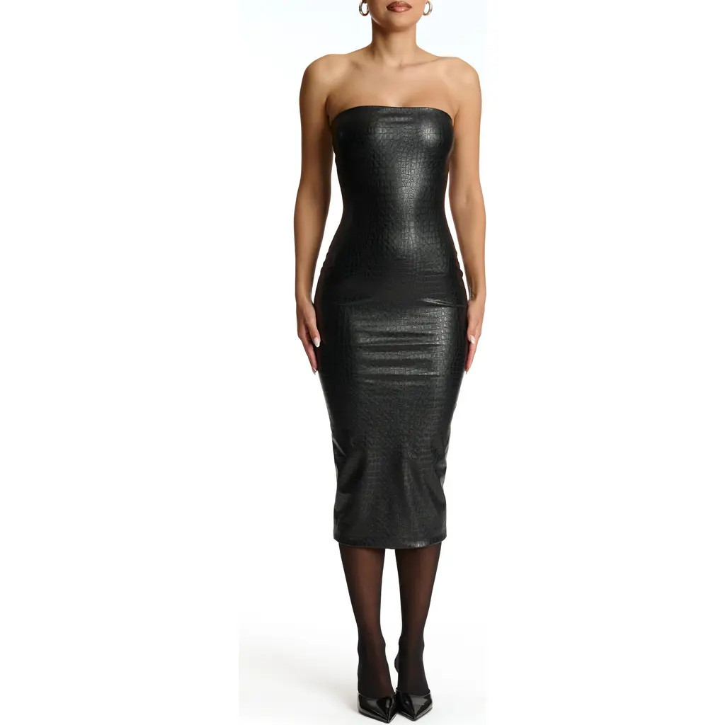 Naked Wardrobe Croc Embossed Faux Leather Strapless Dress in Black at Nordstrom, Size Large | Nordstrom