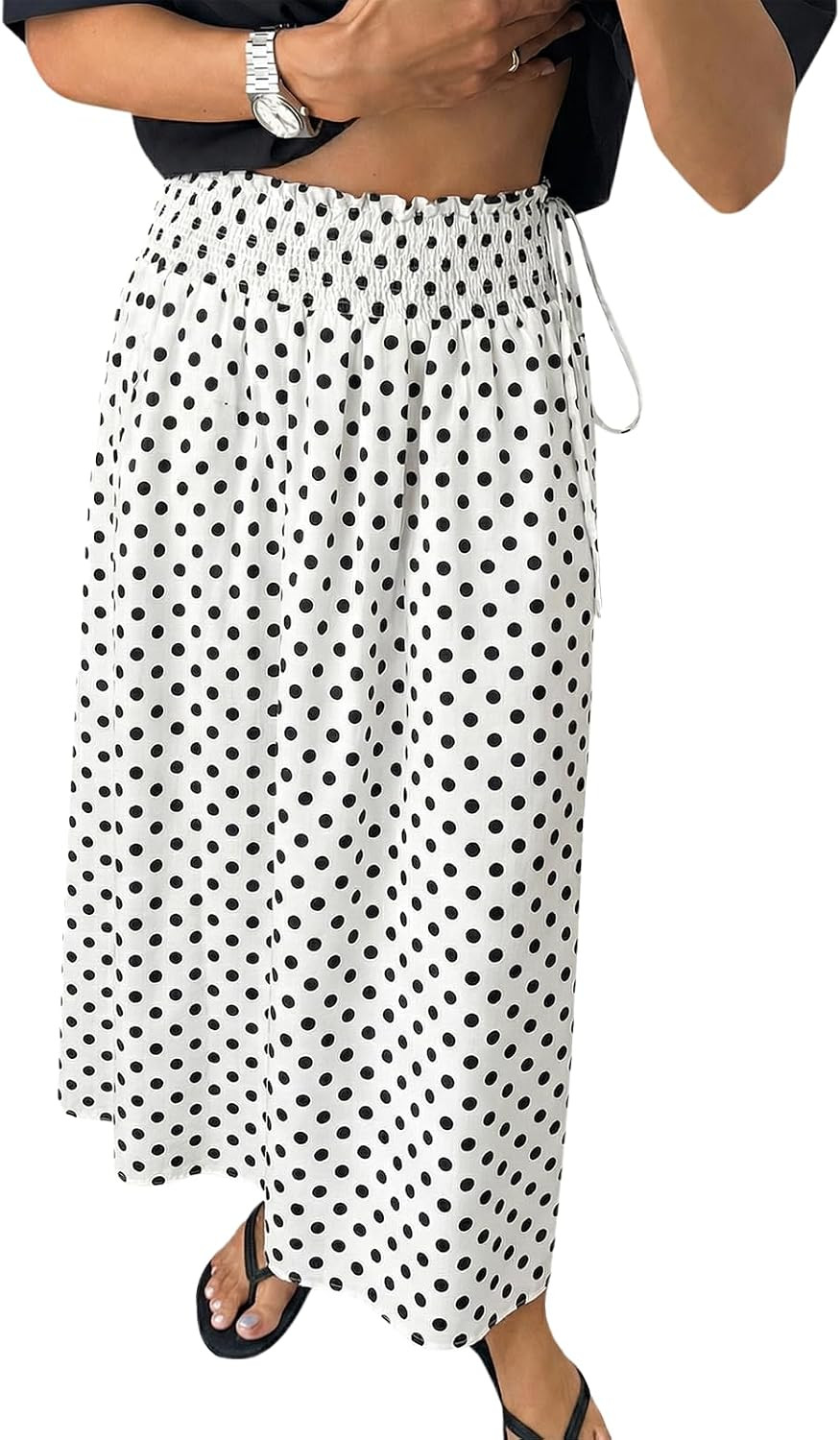 Tankaneo Womens Polka Dot Maxi Skirts Boho Smocked High Waisted Tie Skirt | Amazon (US)