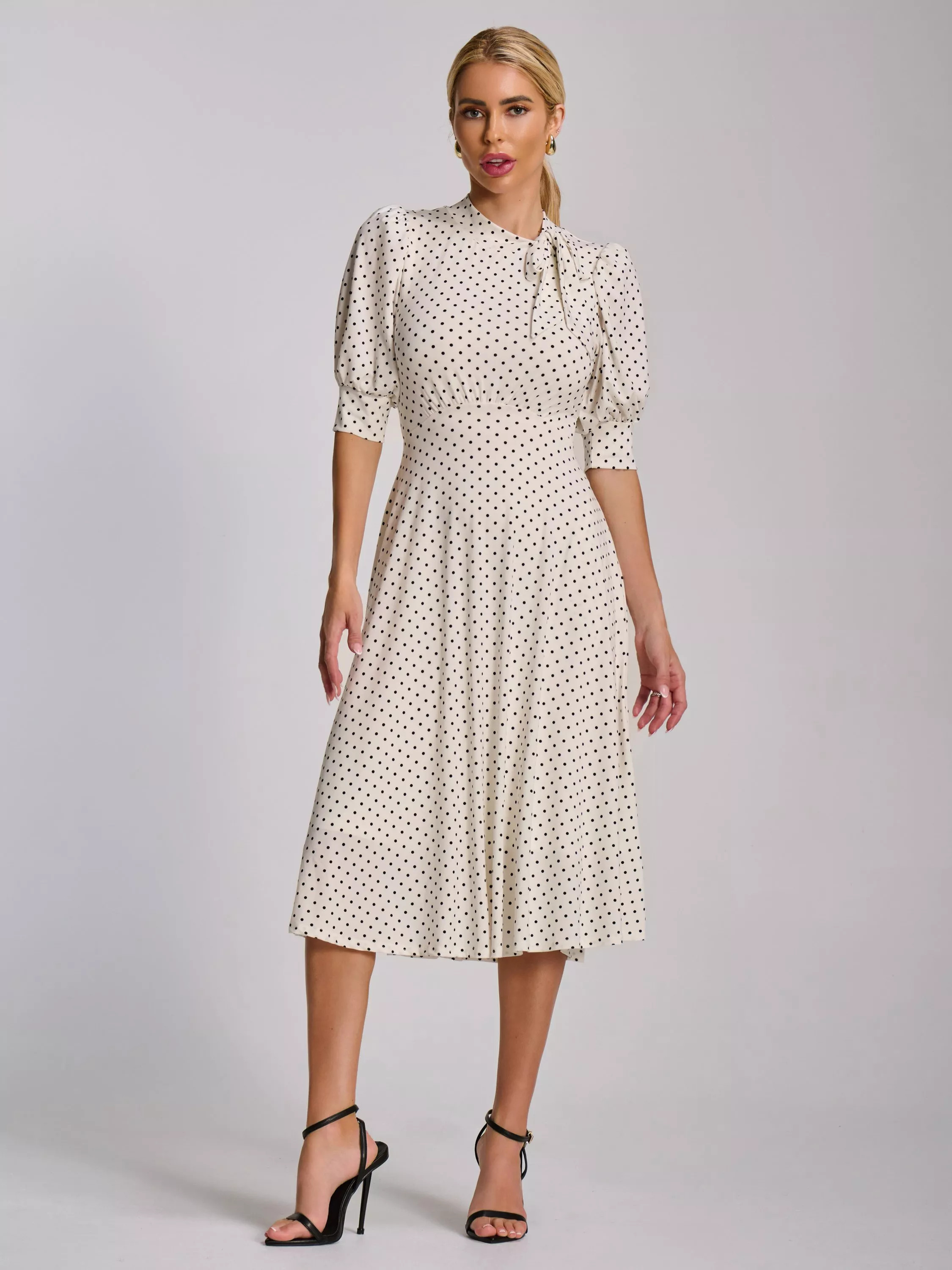 Jolie Moi Polka Dot Tie Jersey Midi Dress, White Polka Dot | John Lewis (UK)