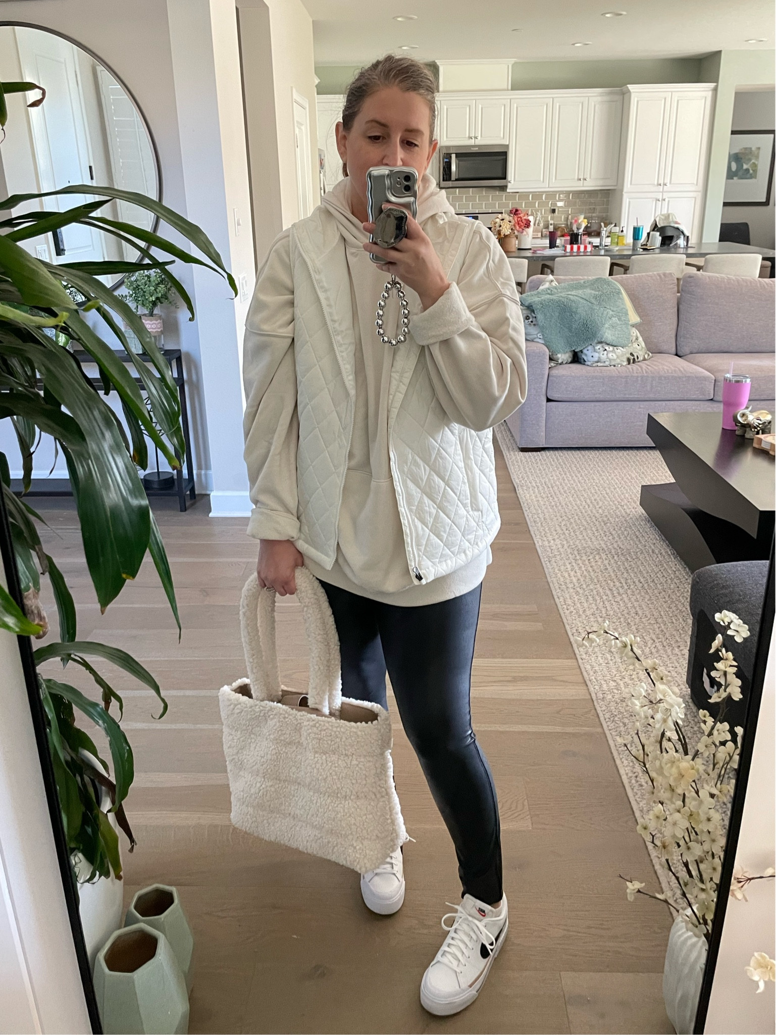 The easiest, neutral look for running errands and being comfy but still look put together. 

Men’s sweatshirt (for an oversized fit) size L
Vest - size M
Faux leather leggings - size L run big/long IMO size down 1
Sherpa Tote - Target

#LTKcurves #LTKfit #LTKsalealert