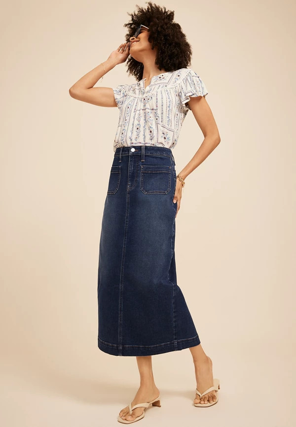 m jeans by maurices™ High Rise Patch Pocket Denim Skirt | Maurices
