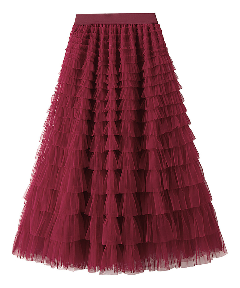 Yokodea Women's Maxi Skirts Burgundy - Burgundy Tiered Tulle Maxi Skirt - Women | Zulily