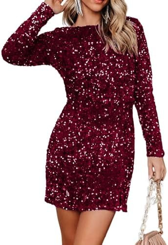 R.Vivimos Women's Sequin Bodycon Dress Fall Winter Velvet Warm Long Sleeve Crew Neck Sexy Backles... | Amazon (US)