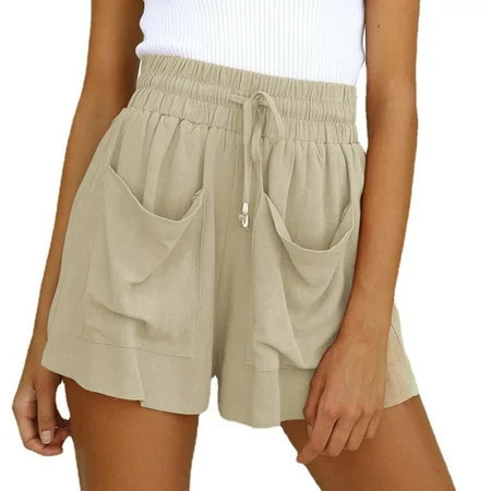 GYUJNB Casual Shorts with Big Pockets for Women Women s Summer Cotton And Drawstring High Waist Everything Large Size Loose Wide Leg Shorts Shorts Khaki | Walmart (US)