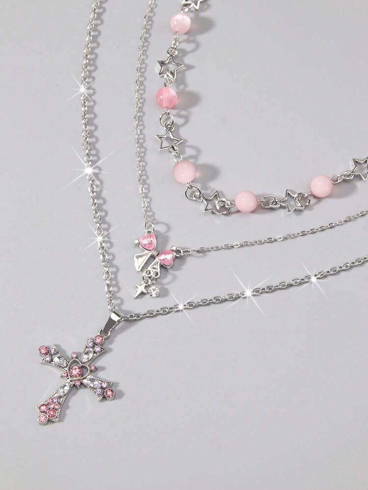 3pcs Rhinestone Bow, Cross, Tassel, Beaded Star Necklace, Bling Atmosphere, Zirconia, Unique Design, Y2K Gothic Style Necklace For Women | SHEIN