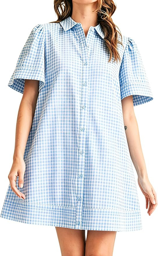 Womens Short Sleeve Button Down Mini Shirt Dress Lapel Collar Short Dresses with Pocket | Amazon (US)