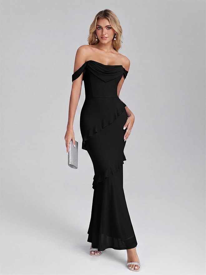 Women's Off Shoulder Ruffle Bodycon Maxi Long Wedding Guest Dresses | Amazon (US)