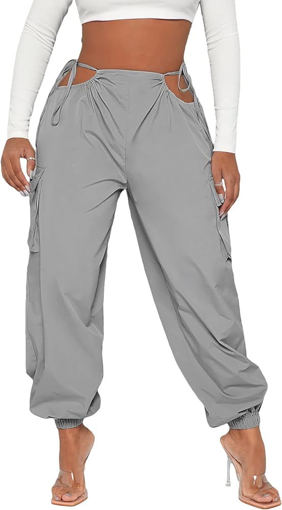 Verdusa Women's Cut Out Tie Side High Waist Flap Pocket Cargo Joggers Pants | Amazon (US)