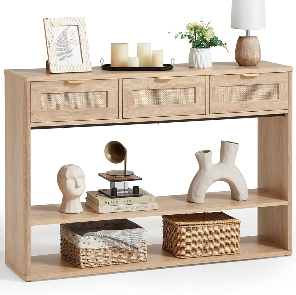 LEYAOYAO 48" Boho Rattan Console Table with 3 Drawers, 3 Tier Wooden Entryway Table with Open Sto... | Amazon (US)