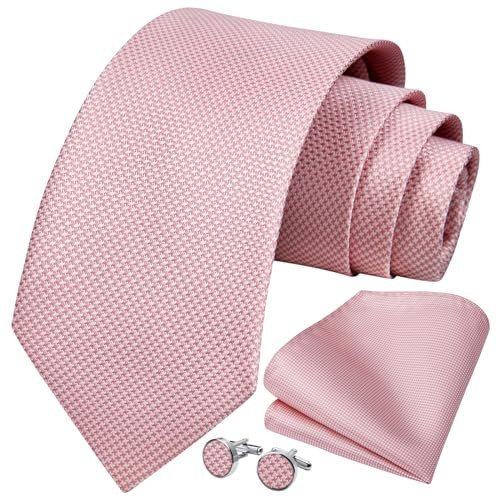 HISDERN Pink Ties for Men Plaid Solid Tie and Pocket Square Cufflinks Set Classic Silk Blush Pink Tie Formal Rose Gold Necktie Business Wedding Party | Amazon (US)
