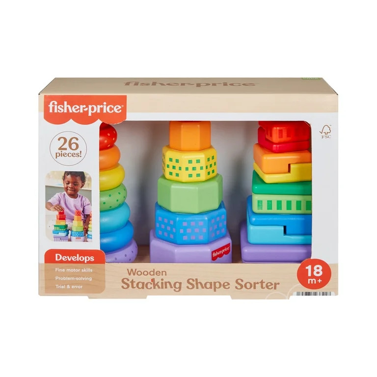 Fisher-Price Wooden Rainbow Stacking Shape Sorter, Fine Motor Toy for Toddlers, 26 Wood Pieces | Walmart (US)