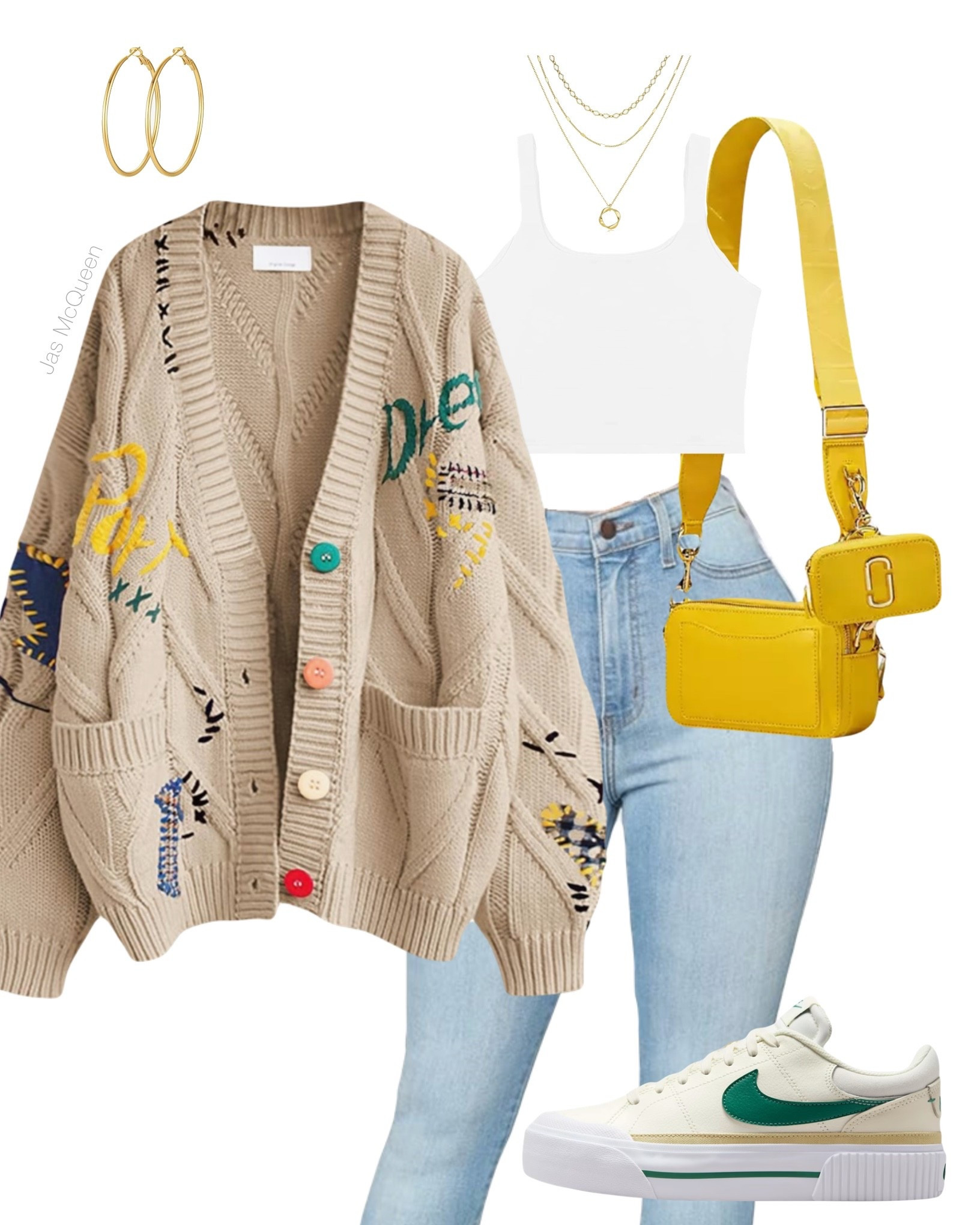 Tan Cardigan outfit with pops of color! 

Multicolored cardigan, yellow, green, light denim, white crop, nike court legacy, Marc Jacobs 

#LTKItBag #LTKStyleTip