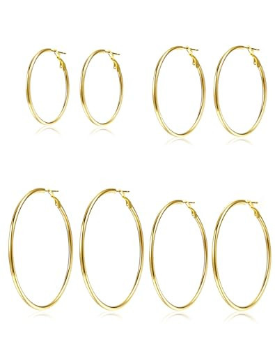 4 Pairs Silver Gold Hoop Earrings for Women 30/40/50/60 mm Stainless Steel 14K Gold Plated Hoop Earrings Hypoallergenic Big Thin Lightweight Dangle Set (4 Pairs Gold-30/40/50/60mm) | Amazon (US)