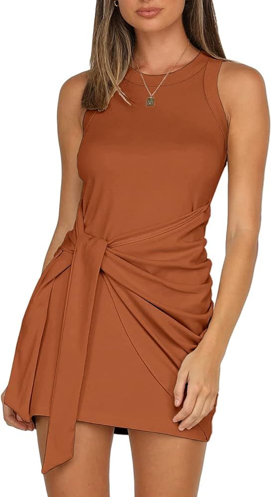 LIYOHON Women's Summer Casual Beach Dress Sleeveless Ruched Tie Tank Bodycon Wrap Mini Dresses | Amazon (US)