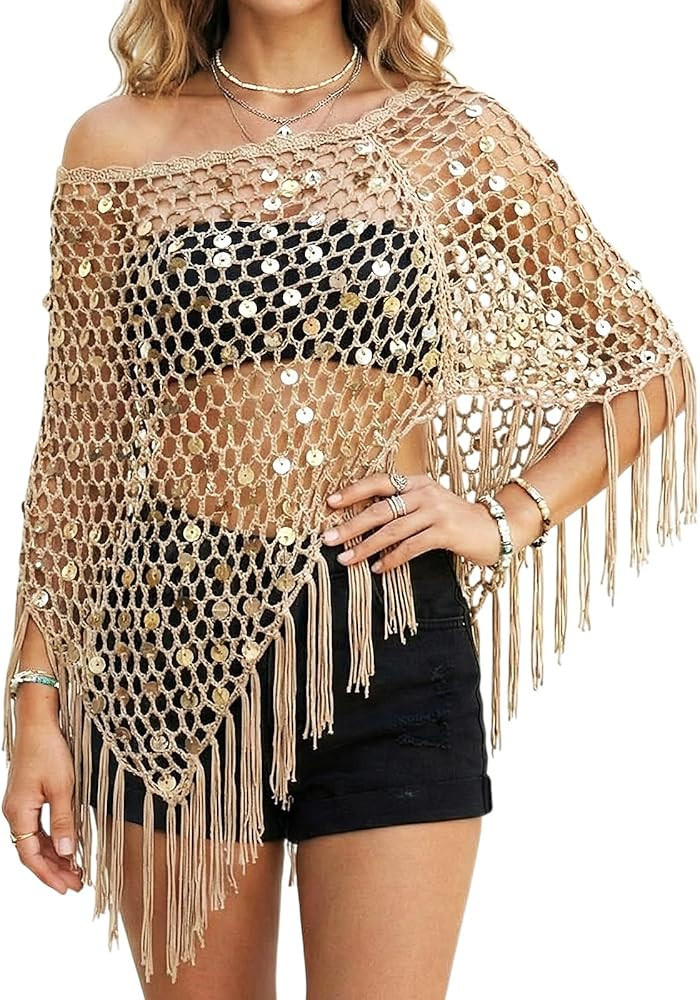 Women Sheer Poncho Top See Through Sequin Fishnet Shawl Knit Shrug Shawl for Beach Party Festival... | Amazon (US)