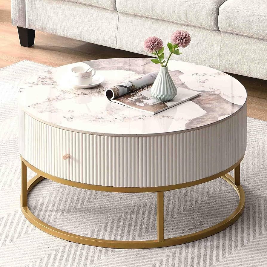 31.5 Inch Modern Round Marble Coffee Table with Drawers Storage, Sintered Stone Marble Table with... | Amazon (US)