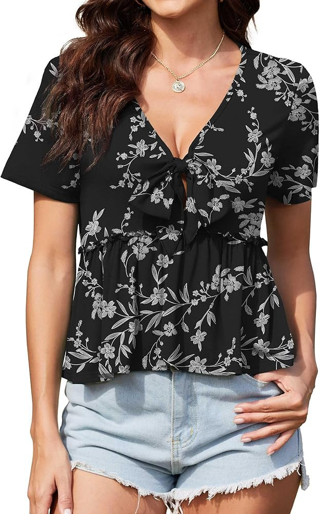 Babydoll Tops for Women Short Sleeve V Neck Blouses Ruffle Hem Tie Front Blouse Sexy Summer Bow S... | Amazon (US)