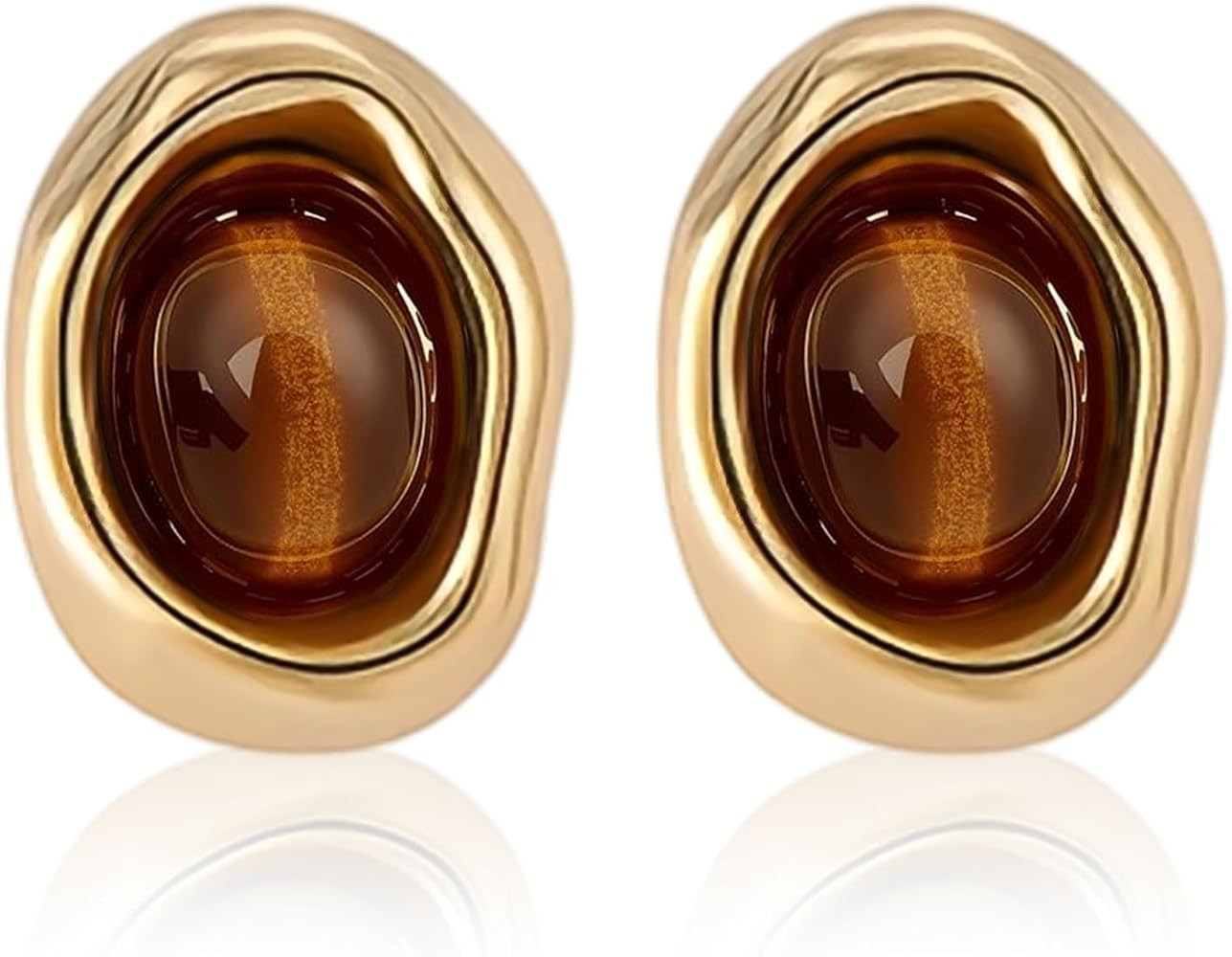 Gold Oval Stud Earrings for Women Vintage Brown Amber Stud Earrings Dainty Tiger Eye Gemstone Stu... | Amazon (US)