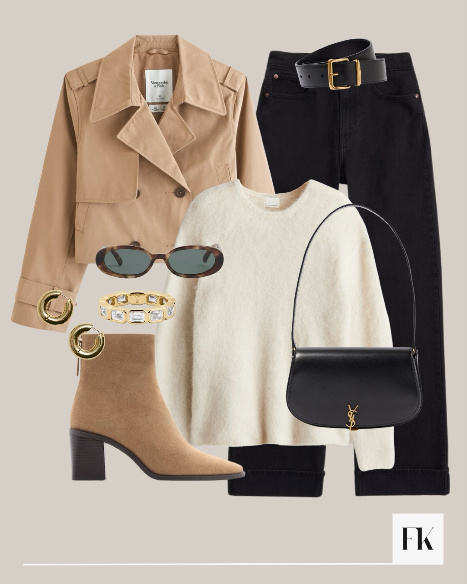 Light neural autumn outfit with this cute Abercrombie cropped trench coat 🧥 neutral taupe and beige tones, styled with black jeans, Saint Laurent bag and tortoise sunglasses 

#LTKworkwear #FashionMonth #LTKautumn