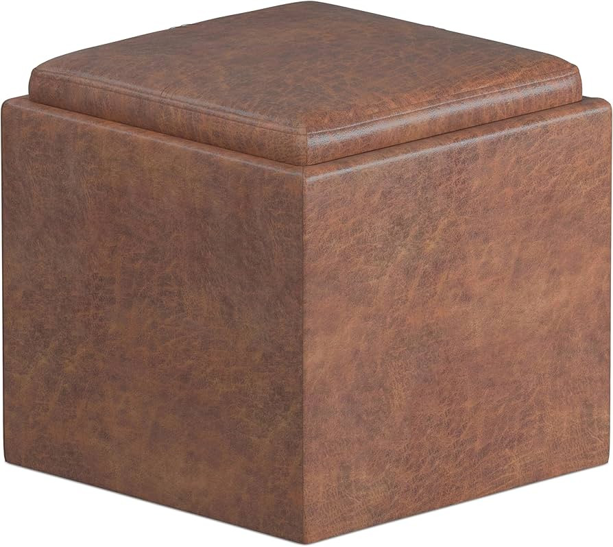 SIMPLIHOME Rockwood 18 inch Wide Contemporary Square Cube Storage Ottoman with Tray in Distressed... | Amazon (US)