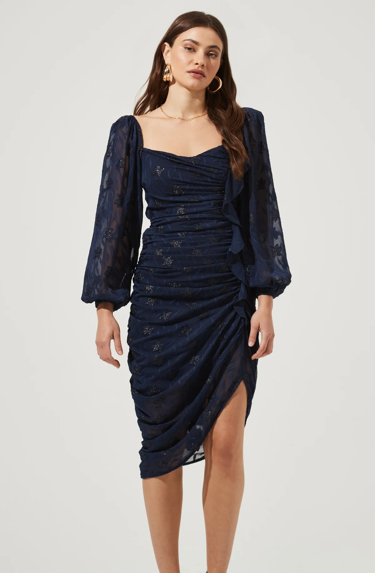 Athens Ruched Puff Sleeve Burnout Midi Dress | ASTR The Label (US)