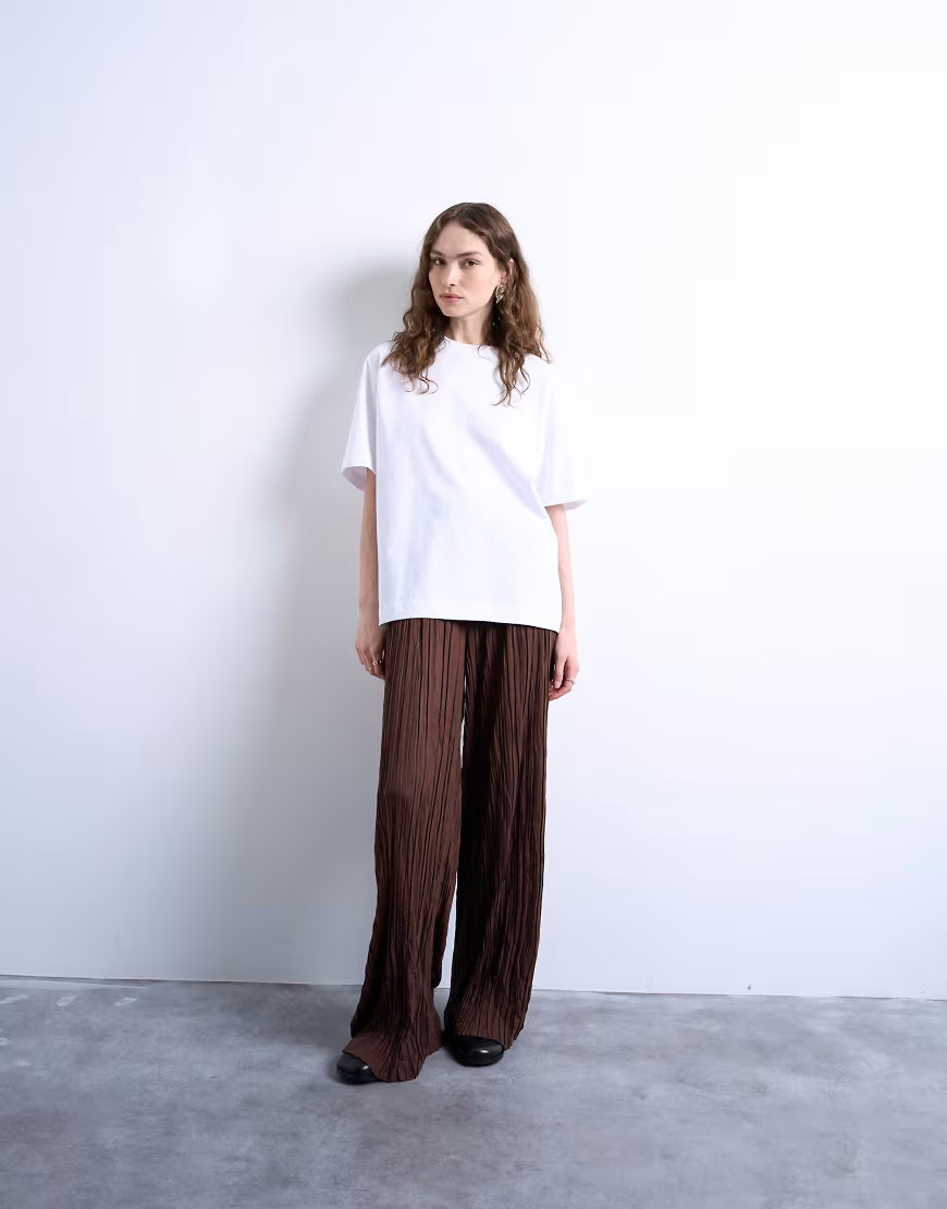 Topshop crinkle wide leg pants in chocolate brown | ASOS (Global)