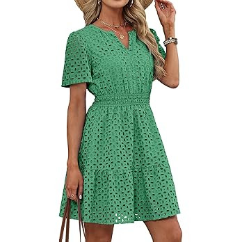 RUMIA Womens Dresses 2026 Summer V Neck Eyelet Lace A Line Short Dress | Amazon (US)