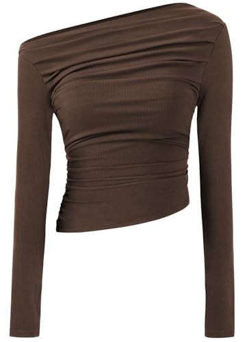 TARSE Women's Long Sleeve Off Shoulder Tops Sexy Going Out Slim Fit Knit Asymmetrical Ruched Shir... | Amazon (US)