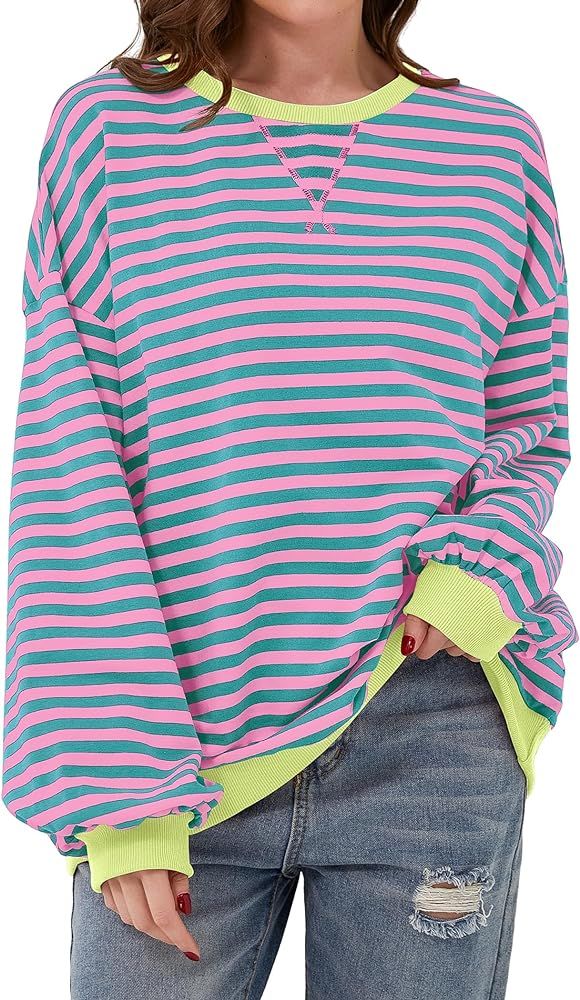 Striped Shirt Women Oversized Sweatshirt Color Block Long Sleeve Crew Neck Sweatshirt Loose Pullo... | Amazon (US)