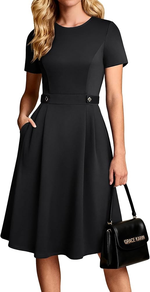 GRACE KARIN Church Dresses for Women 2026 Short Sleeve A Line Work Dresses Fit and Flare Dress wi... | Amazon (US)