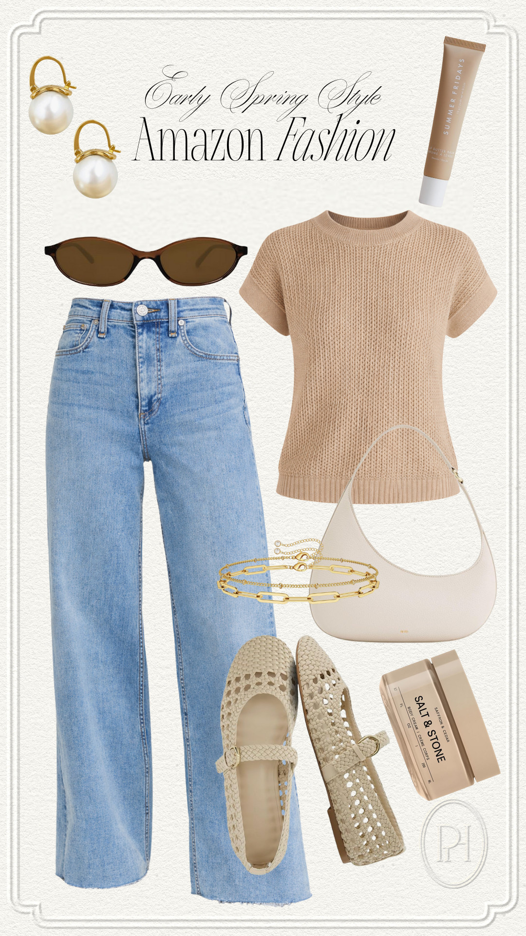 Amazon fashion finds that are perfect for an early spring look!

sweater tee, short sleeve sweater, sweater blouse, neutral top, spring fashion, spring outfit, spring style, white handbag, oval sunglasses, pearl earrings, lip balm, lip gloss, body cream, wide leg jeans, wide leg denim, gold bracelet, neutral fashion, spring chic, neutral flats, spring shoes, tan flats, Mary Jane flats 

 #LTKgrwm #LTKootd #LTKstorytime