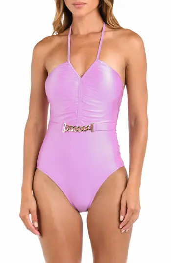 L'AGENCE Leila Belted Halter One-Piece Swimsuit in Light Violet at Nordstrom Rack, Size X-Small | Nordstrom Rack