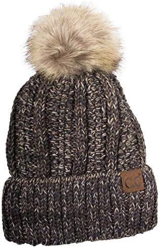 C.C Thick Cable Knit Faux Fuzzy Fur Pom Fleece Lined Skull Cap Cuff Beanie | Amazon (US)