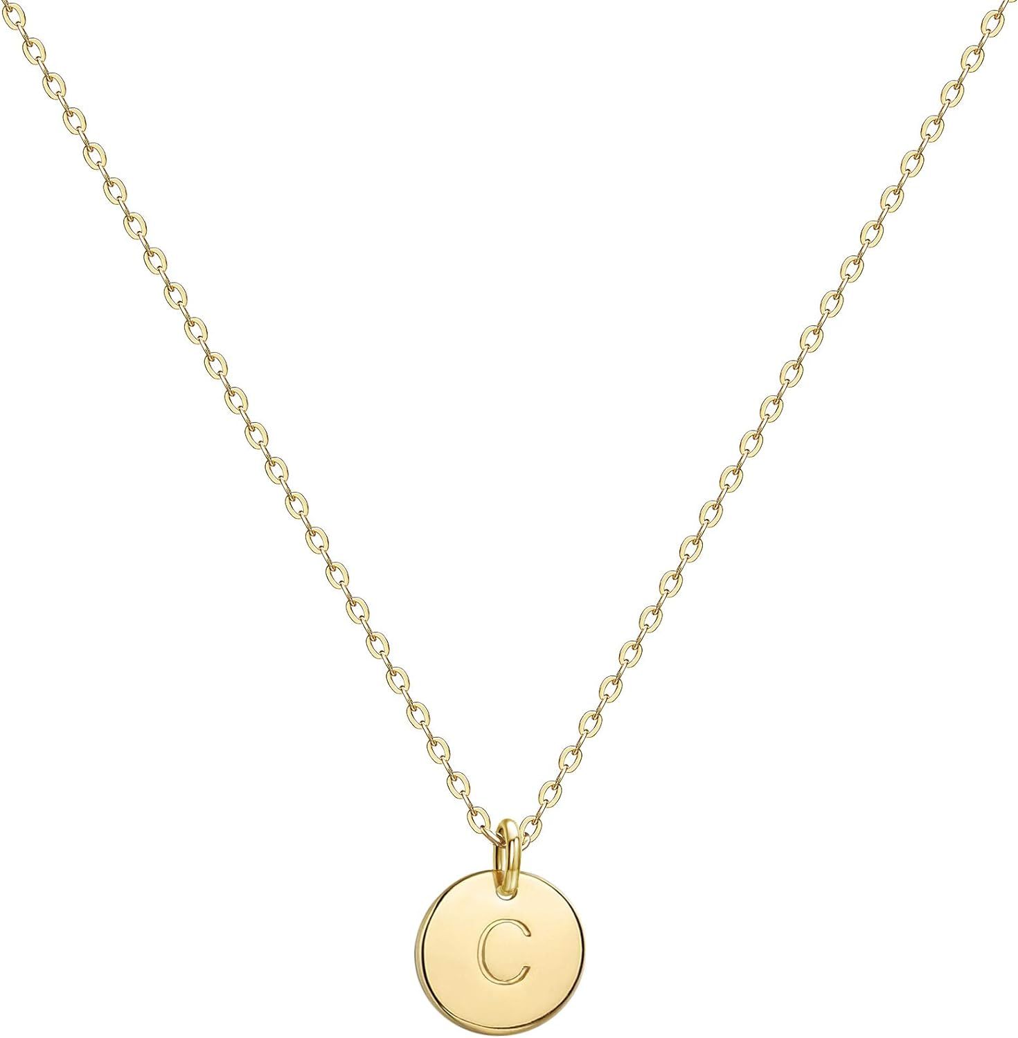 Valloey Rover Gold Initial Pendant Necklace, 14K Gold Filled Disc Double Side Engraved 16.5" Adju... | Amazon (US)