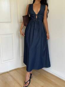 Siren Gaze Women's Deep V Neck Sleeveless Casual Denim Wrap Dress Winter Blue Spring | SHEIN