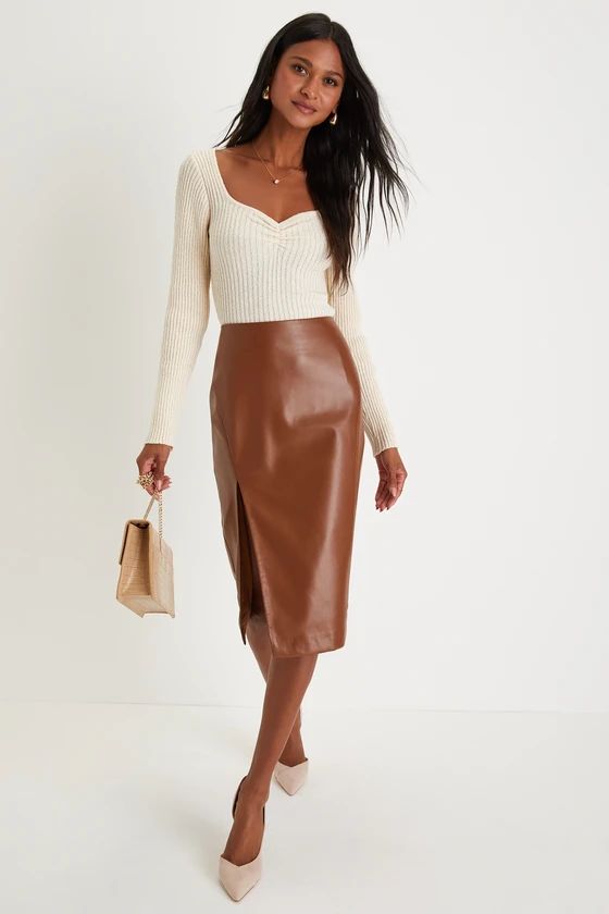 Mireya Brown Vegan Leather Pencil Skirt | Lulus (US)