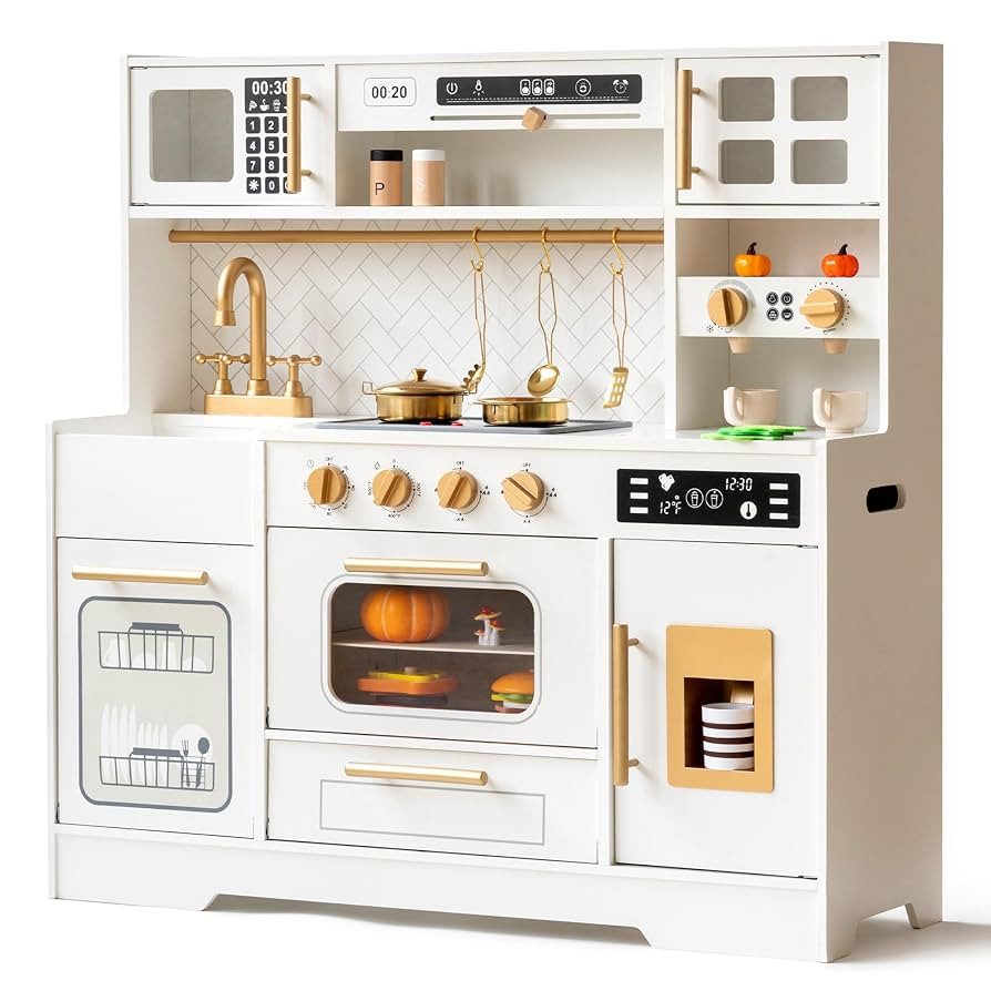 Interactive Wooden Play Kitchen Set for Kids Realistic Features with Extended Storage and 15 Kitc... | Amazon (US)