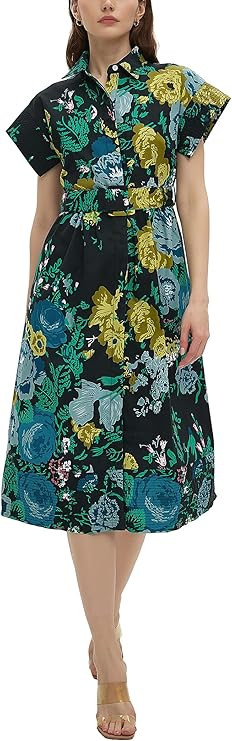 D-Sun Women Button Down Shirt Dress V-Neck Floral Printed Short Sleeves Mid Shirt Dress Belt A-Li... | Amazon (US)