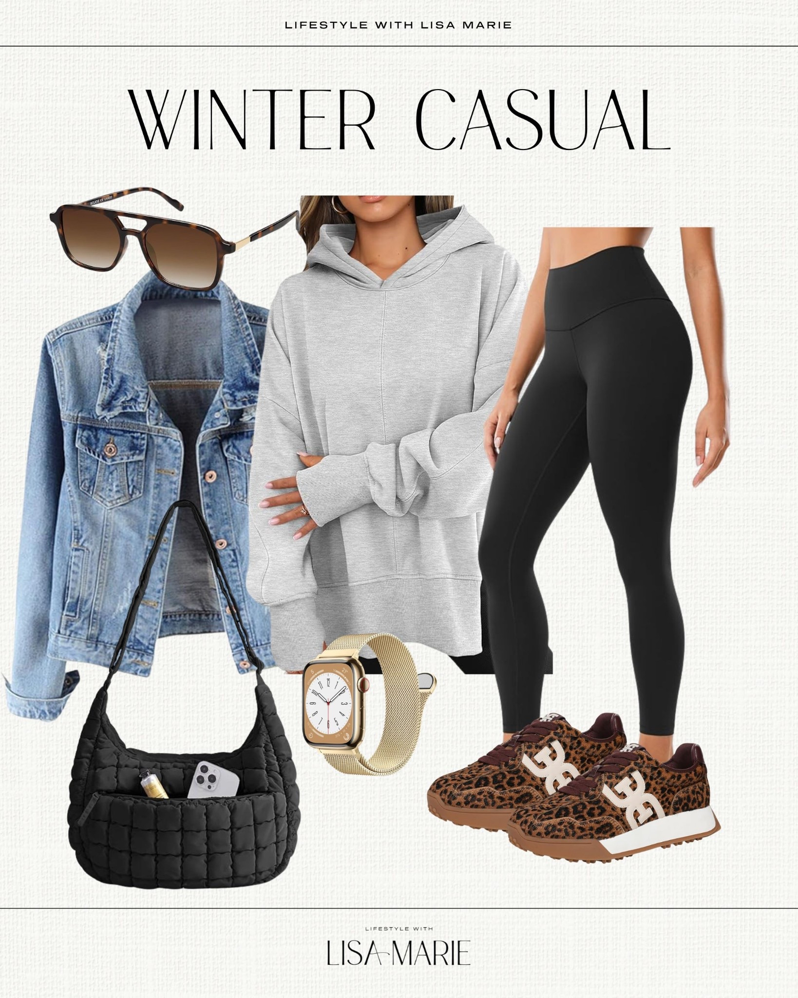 Winter casual outfit inspiration! Athleisure weekend. Sports mom look. Cozy sweatshirt. Best selling leggings. Leopard sneakers. Gold Apple Watch bands. 

#LTKootd #LTKSeasonal #LTKActive