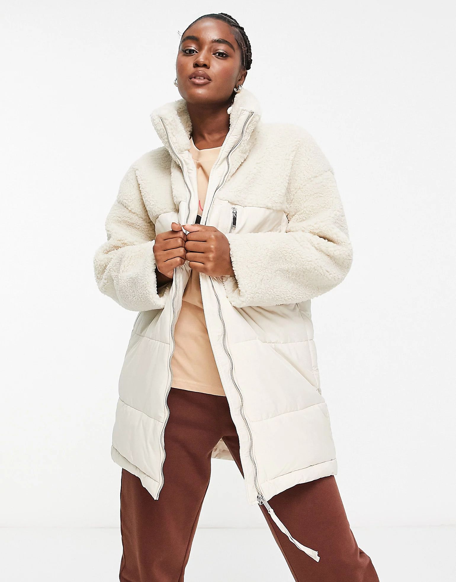 Vero Moda borg paneled puffer coat in cream | ASOS (Global)