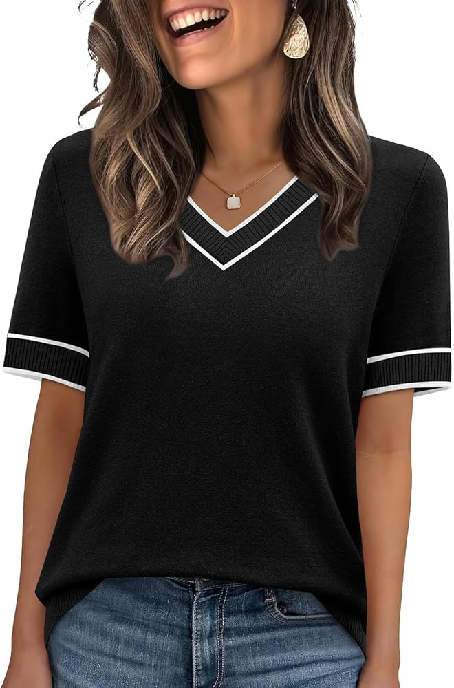 WIHOLL Short Sleeve Sweater for Women V Neck Spring Summer Tops 2026 Work Business Casual Outfits... | Amazon (US)