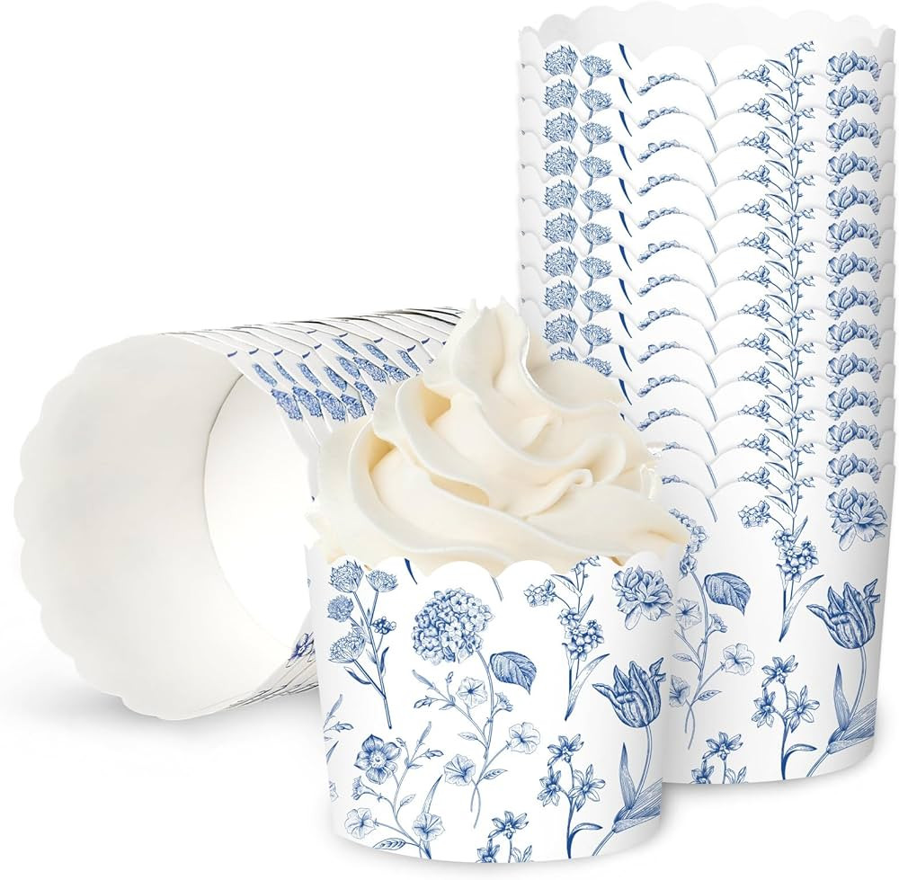 100Pcs Blue Floral Paper Baking Cups Blue White Wildflower Cupcake Wrappers Scalloped Edge Cupcak... | Amazon (US)