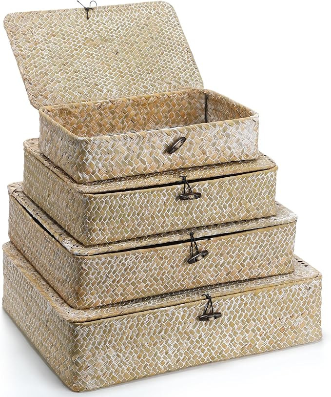 Set of 4 Seagrass Basket with Lid Wicker Storage Basket Decorative Storage Boxes with Lids Flat S... | Amazon (US)