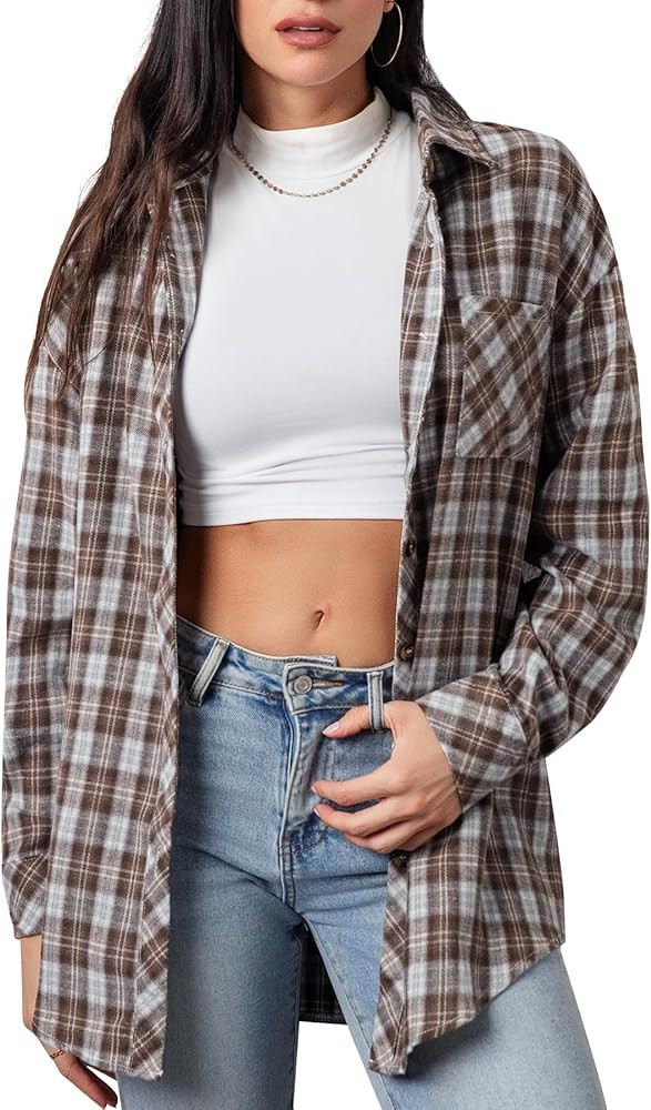 CHYRII Womens Button Down Flannel Shirts Long Sleeve Plaid Shackets Business Casual Blouse Top | Amazon (US)